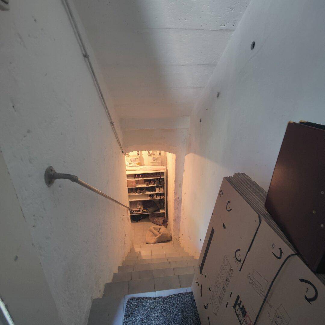 Kellertreppe führt hinunter zu einem Lagerbereich mit Regalen und Stauraum.