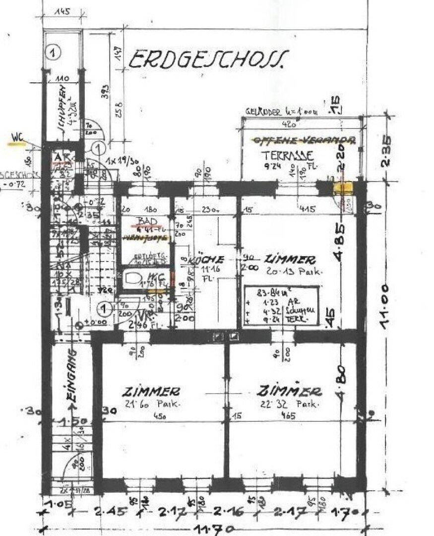 Detaillierter Grundriss des Erdgeschosses mit Zimmern, Bad, Küche, Terrasse und offener Veranda.