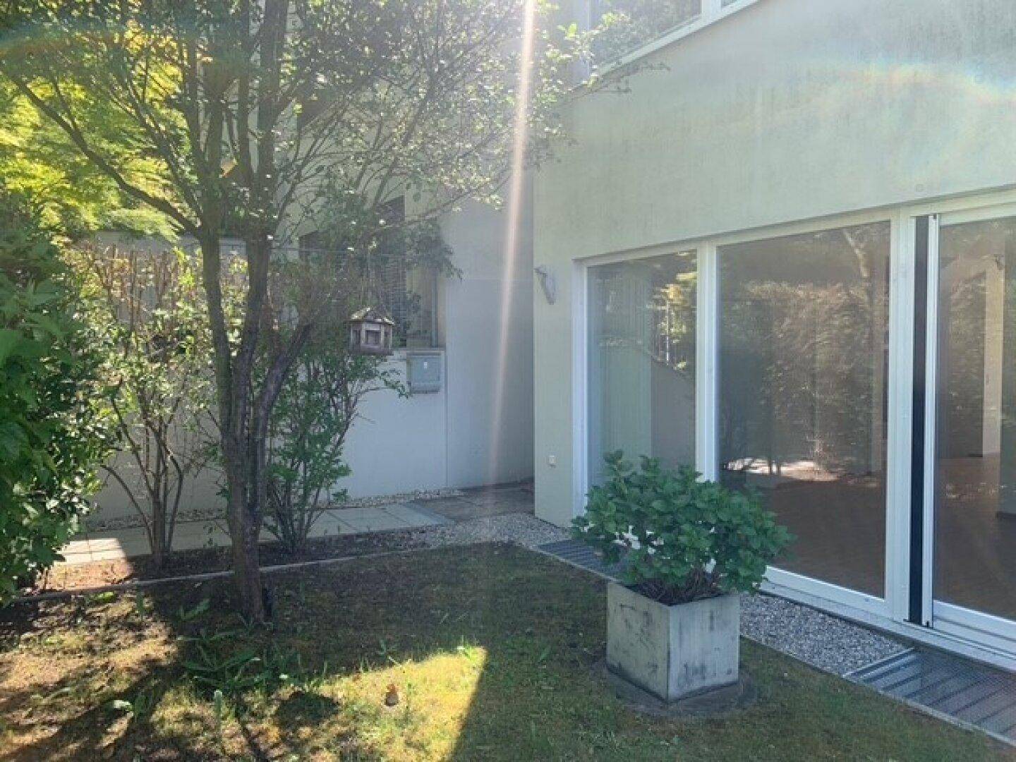 Heller Gartenbereich vor dem Gebäude mit großen Glasfronten und einem Baum, ideal für Entspannung.