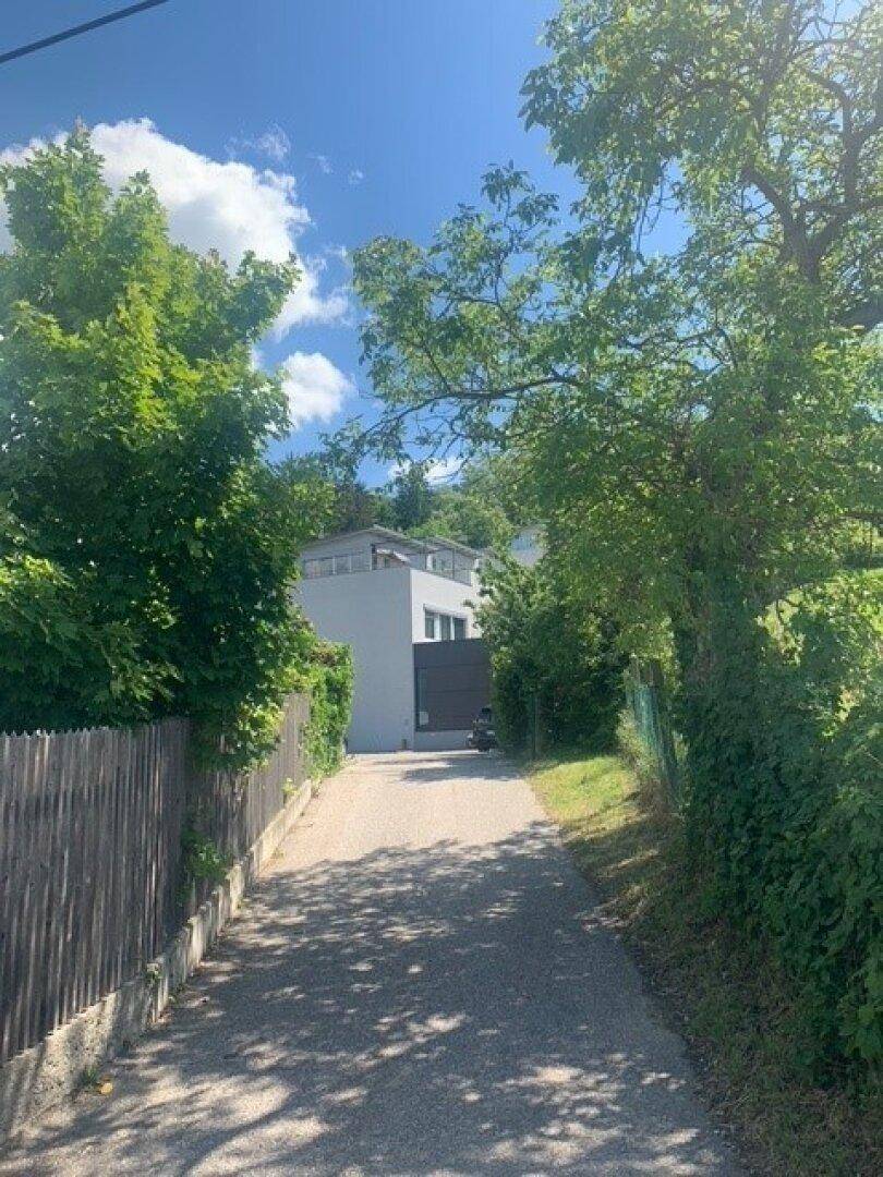 Zufahrtsweg zum modernen Gebäude, umgeben von Bäumen und einem Holzzaun, bietet Privatsphäre.