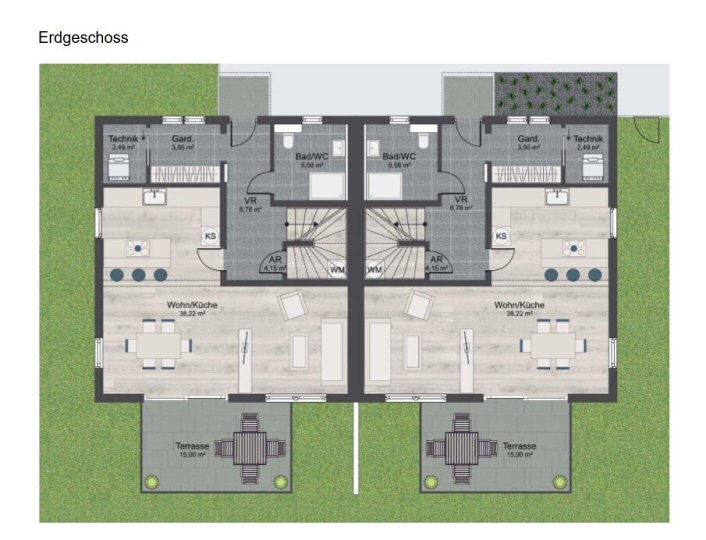 Grundriss des Erdgeschosses mit offenem Wohn- und Küchenbereich, Bad/WC und Terrasse.