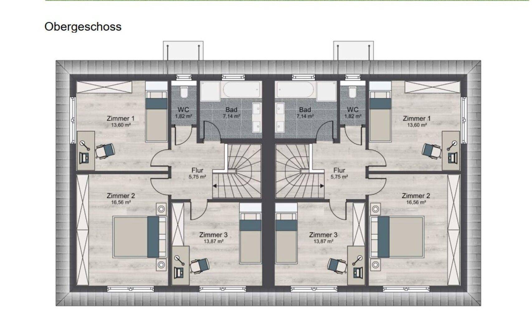 Grundriss des Obergeschosses mit drei Schlafzimmern, einem Badezimmer und separatem WC.