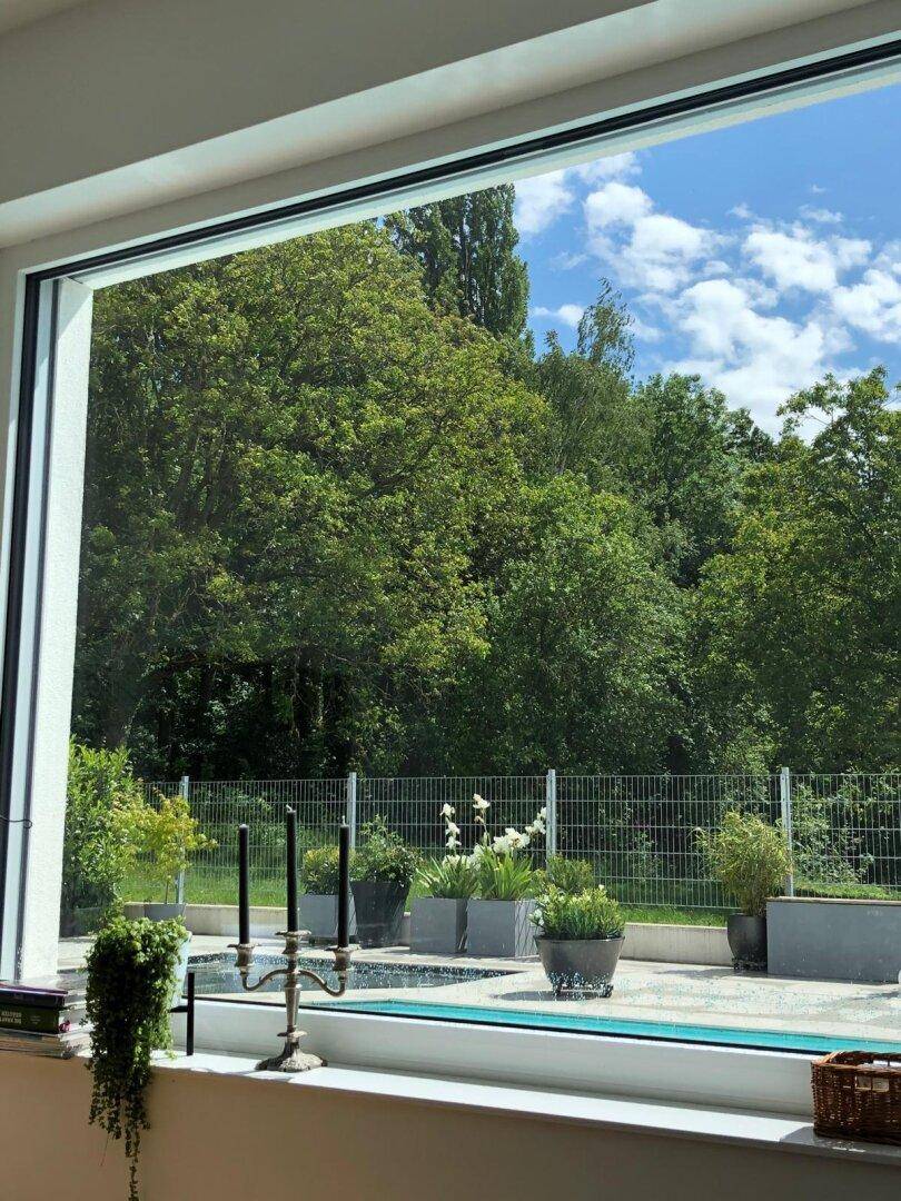 Große Fensterfront bietet einen weiten Blick auf den Pool und die umliegende grüne Natur.