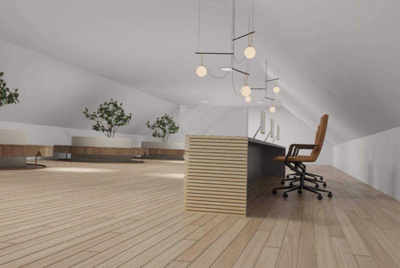 Modernes Dachgeschossbüro mit schrägen Wänden, Holzboden und stilvoller Beleuchtung.