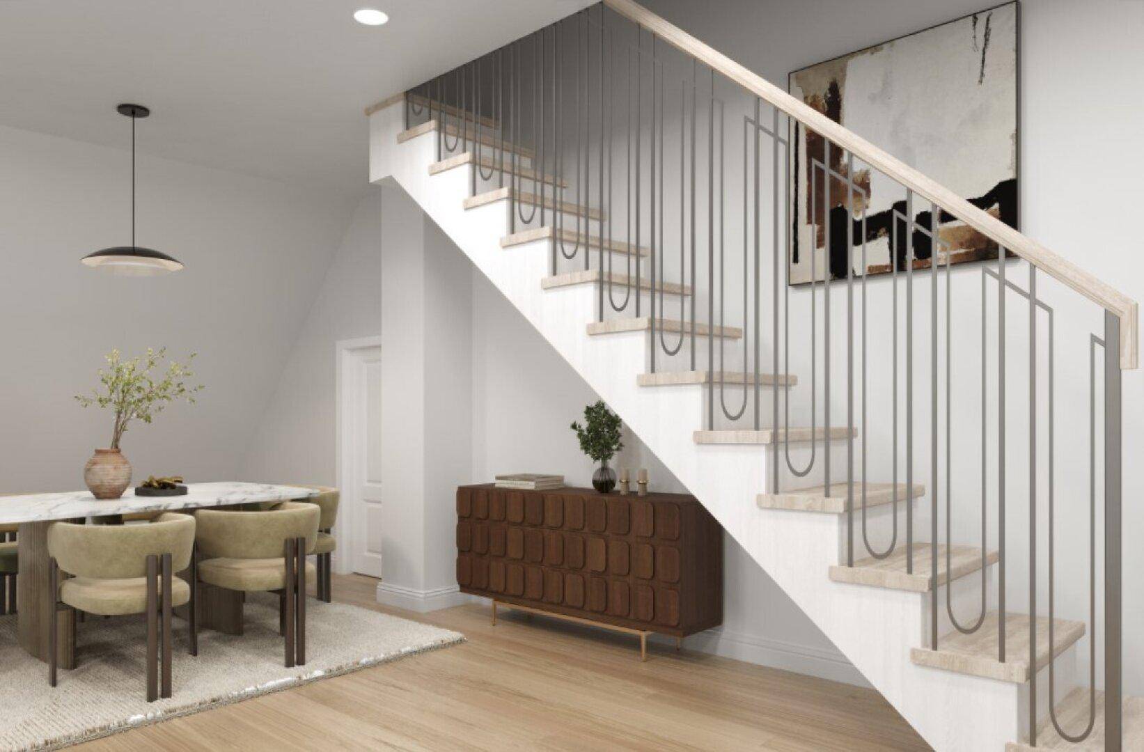 Eleganter Essbereich mit moderner Treppe, Holzboden und stilvollen Möbeln.