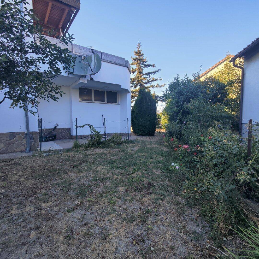Gartenbereich neben dem Haus mit Rasen, Sträuchern und Blick auf die Gebäudefassade.