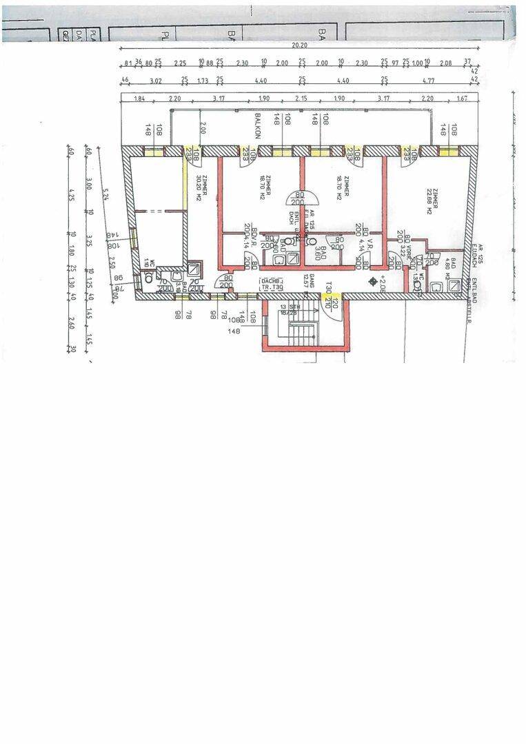 Grundrissplan mit Zimmeraufteilung, Balkonen und Maßangaben.
