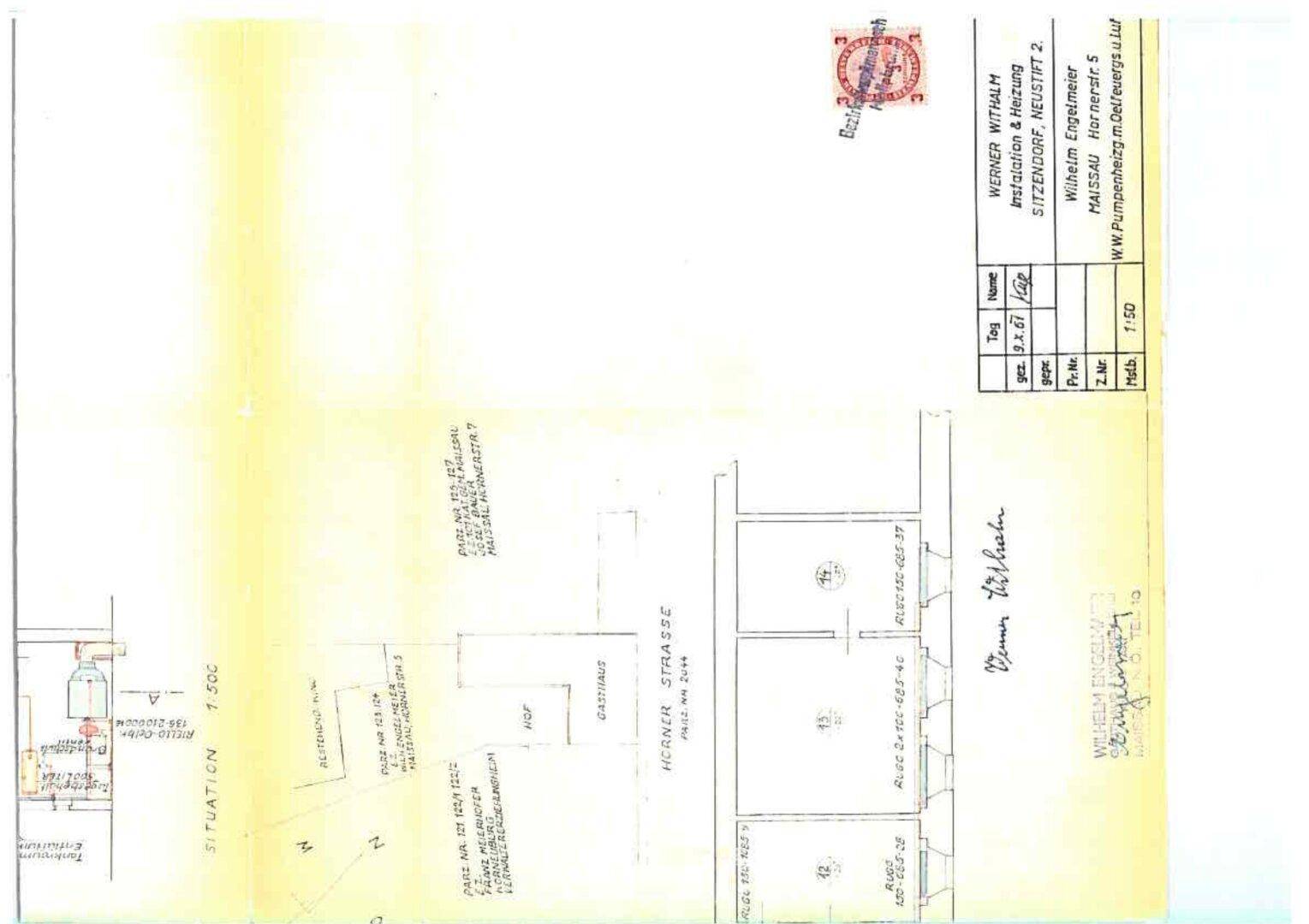 Detaillierter Lageplan mit Gebäuden, Straße, Hof und technischen Angaben eines Gastronomiebetriebs.