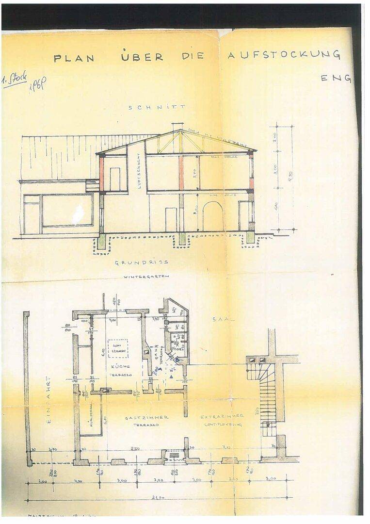 Plan über die Aufstockung mit Grundriss, Wintergarten, Küche und Gebäudeschnitt.
