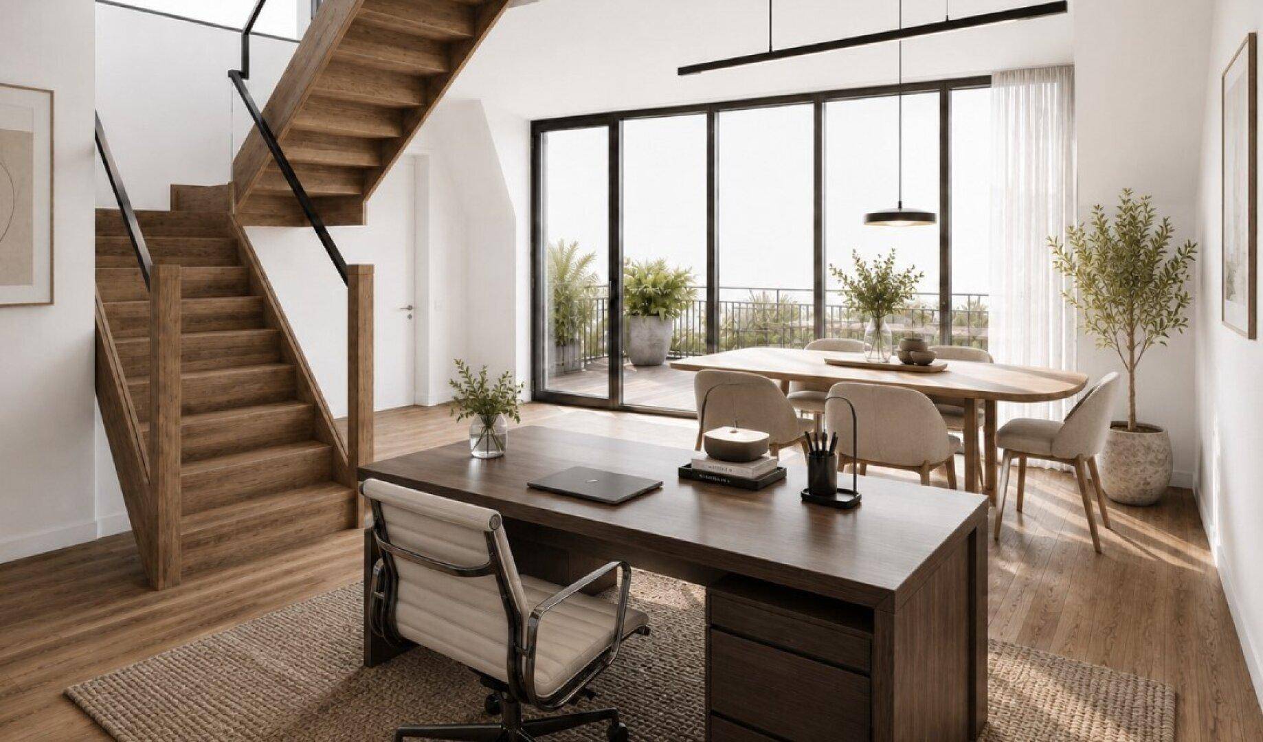 Modernes, offenes Büro mit Essbereich, Holztreppe und großen Fenstern zur Terrasse, die viel Licht hereinlassen.