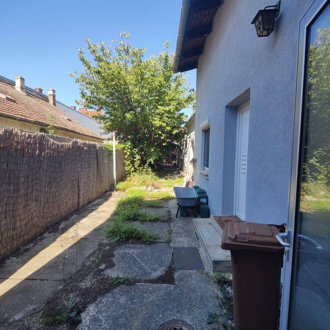 Seitlicher Gartenbereich mit gepflastertem Weg, etwas Bewuchs und Mülltonnen.