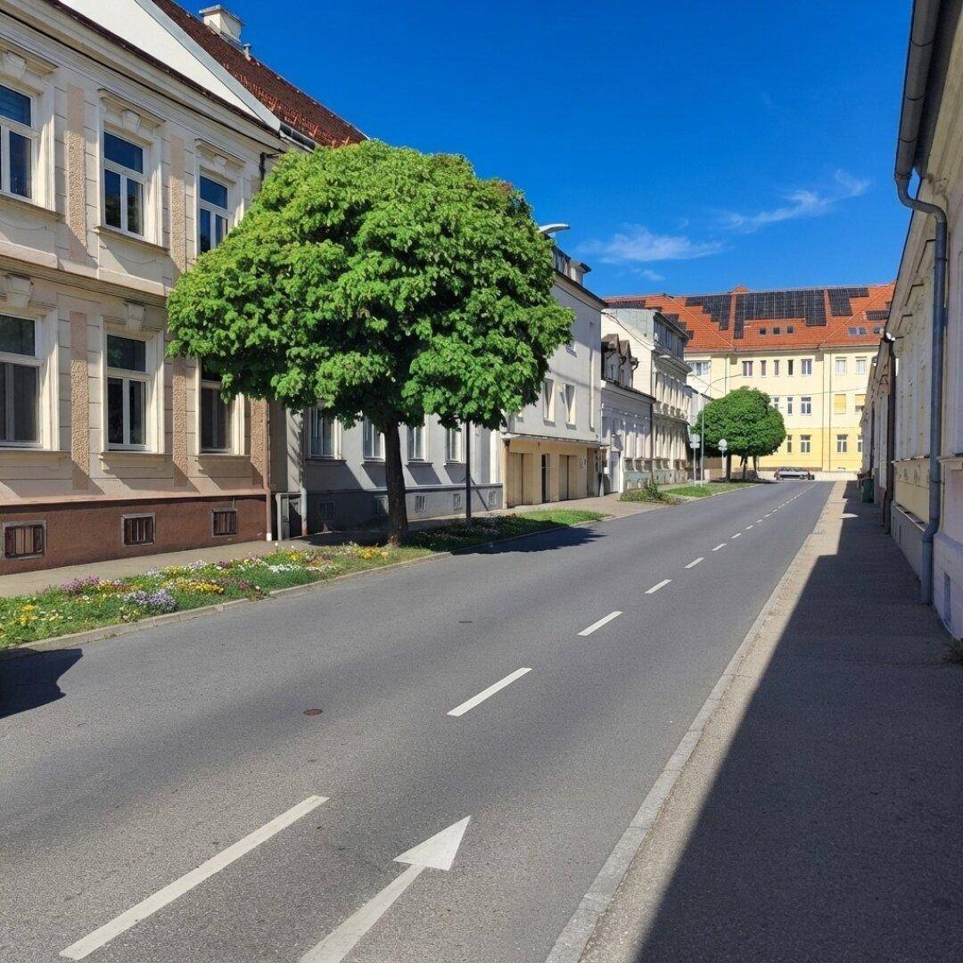 Sonnige Wohnstraße mit gepflegten Altbauten, Bäumen und Solaranlagen auf den Dächern.