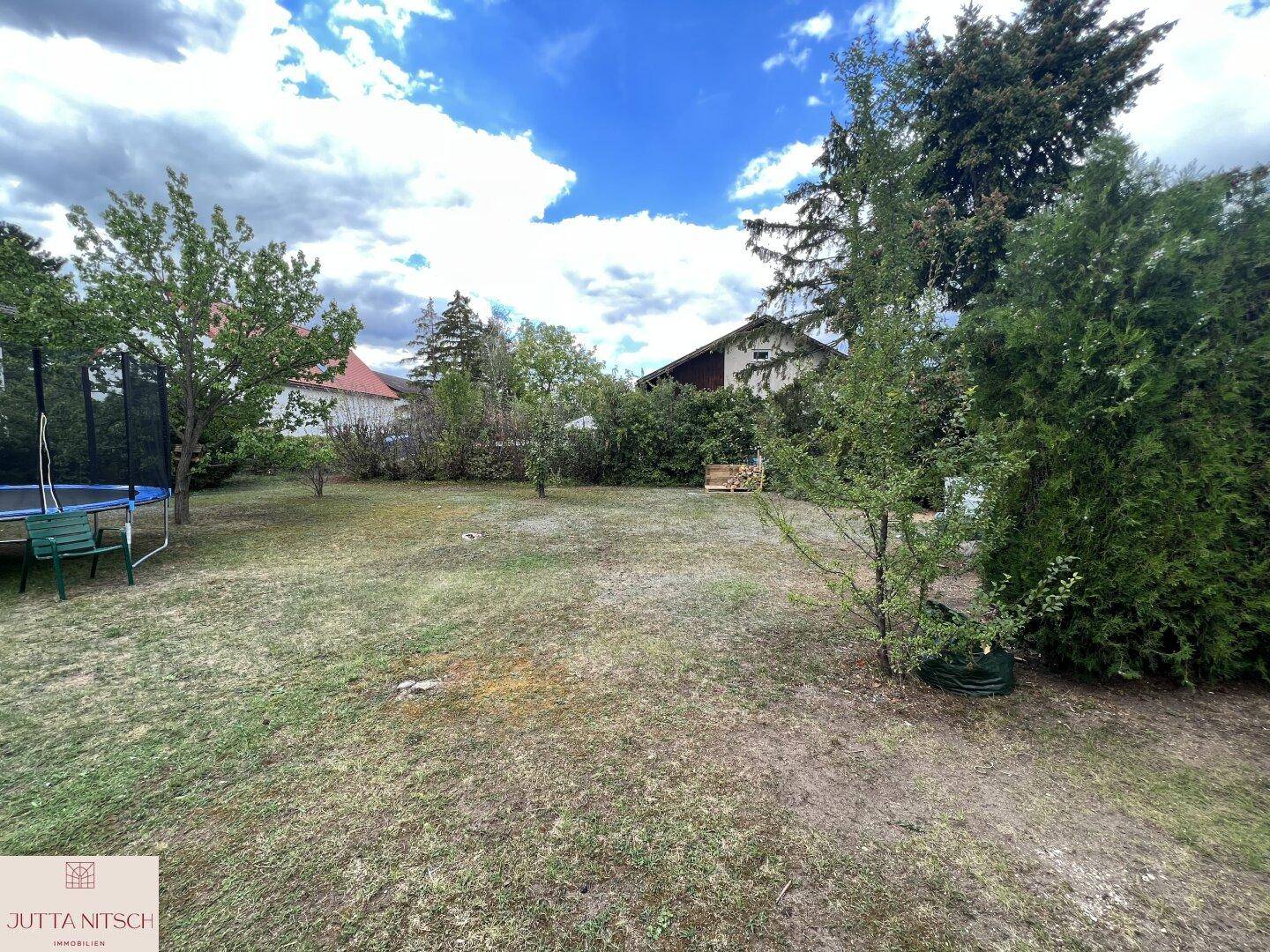 Geräumiger Garten mit Rasenfläche und Trampolin, umgeben von Bäumen und Sträuchern.
