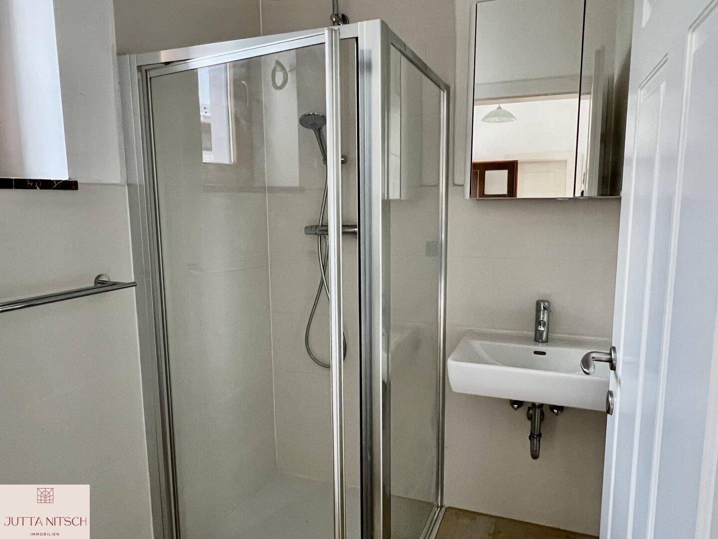 Modernes Badezimmer mit Duschkabine, Einzelwaschbecken und Spiegelschrank.