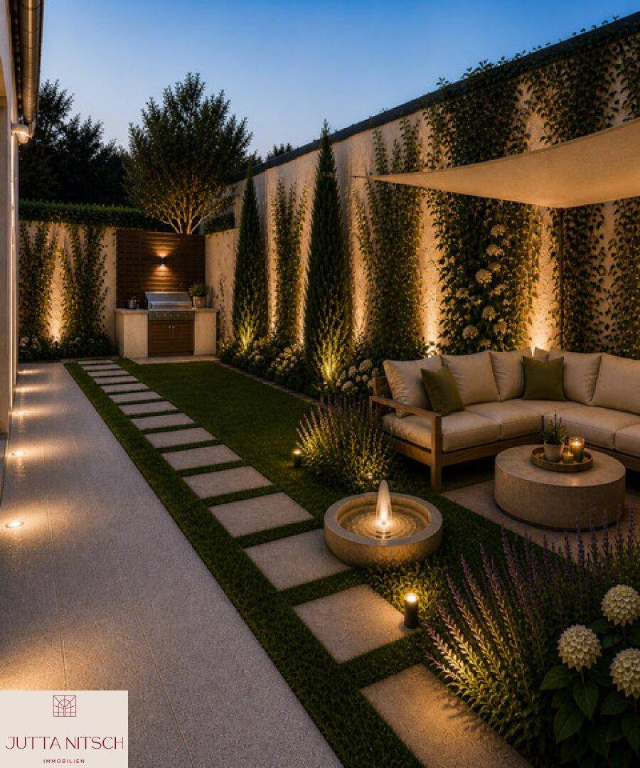 Stilvoller Gartenbereich mit Sitzgelegenheit, Grillplatz und Wasserspiel für entspannte Abende.