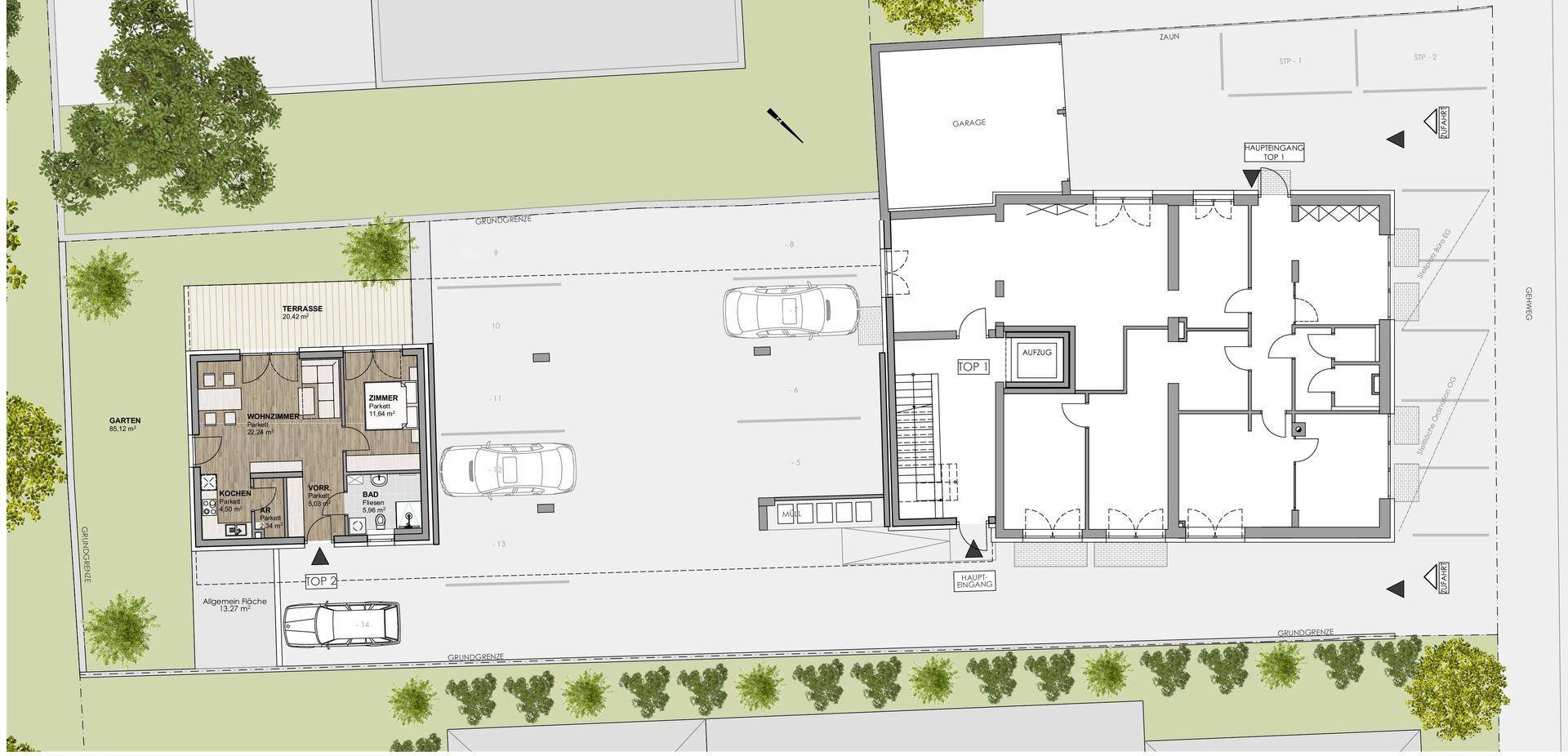 Übersichtsplan des Grundstücks mit einem Hauptgebäude, einer Garage, Parkplätzen und einem kleineren Nebengebäude mit Terrasse.