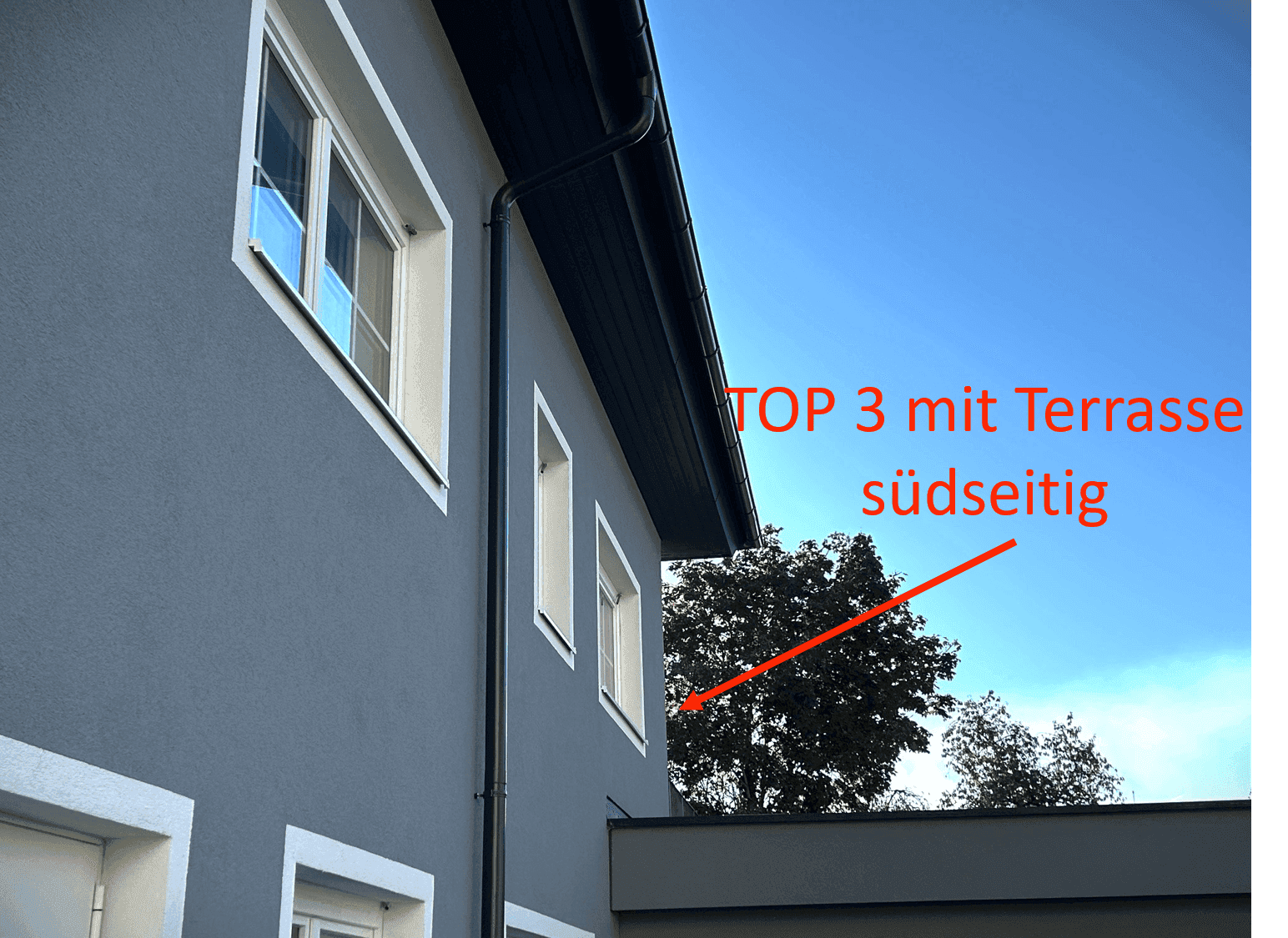 Seitenansicht eines modernen Gebäudes mit grauer Fassade und weißen Fensterrahmen unter klarem blauem Himmel.
