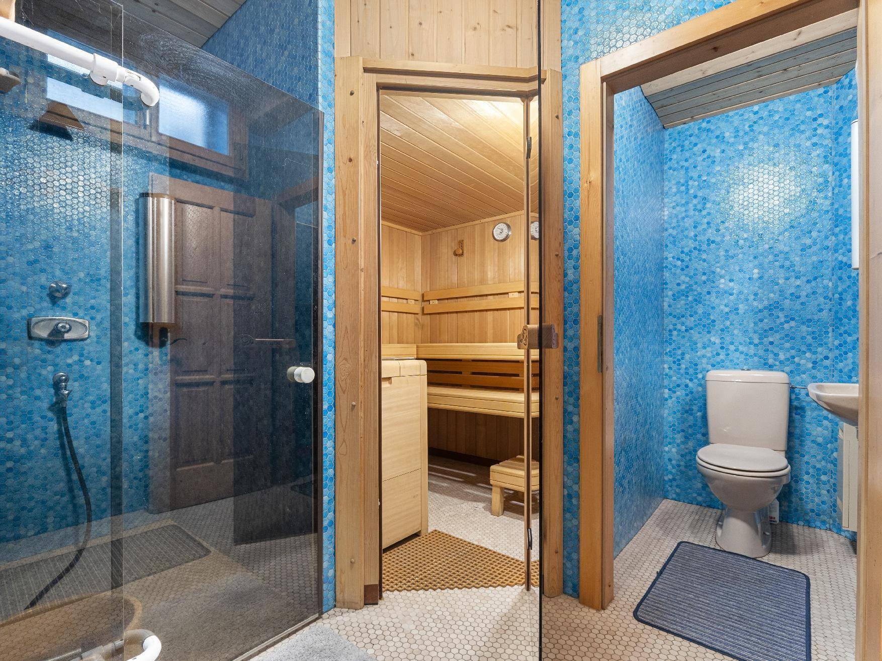 Modernes Badezimmer mit blauen Mosaikfliesen, Dusche, WC und integrierter Sauna.