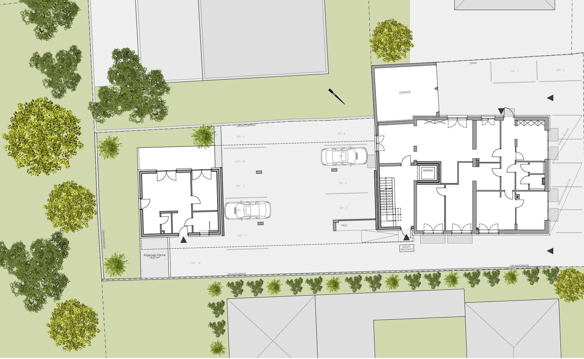Übersichtsplan des Grundstücks mit Gebäude, Parkplätzen und Grünflächen in der Umgebung.