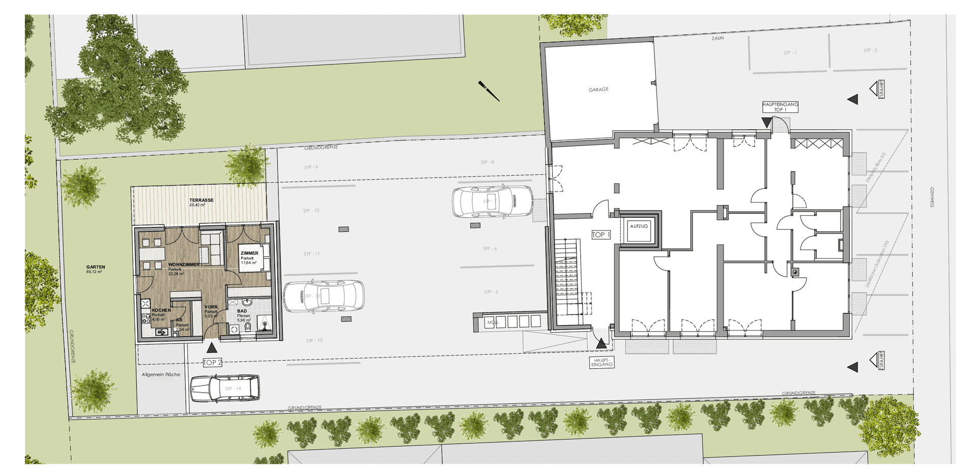 Übersichtsplan des Grundstücks mit Hauptgebäude, Nebengebäude und Parkplätzen.