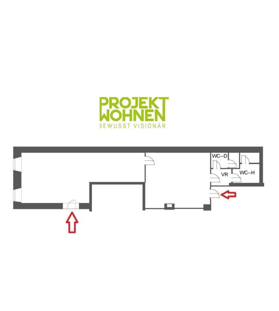 Grundrissplan mit dem Logo "PROJEKT WOHNEN" und der Aufteilung der Räumlichkeiten inklusive zweier WCs.