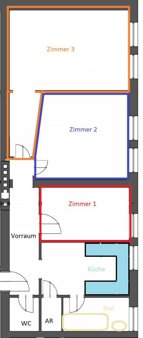 Grundriss der Wohnung mit drei Zimmern, Küche, Bad und separatem WC.