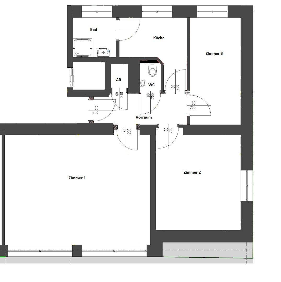 Grundriss der Wohnung mit drei Zimmern, Küche, Bad, WC und Abstellraum.
