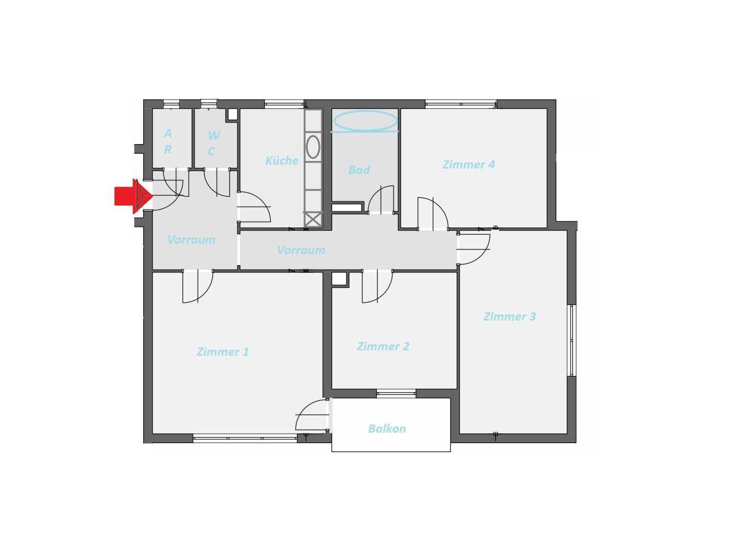 Grundriss der Wohnung mit vier Zimmern, Küche, Bad und Balkon.