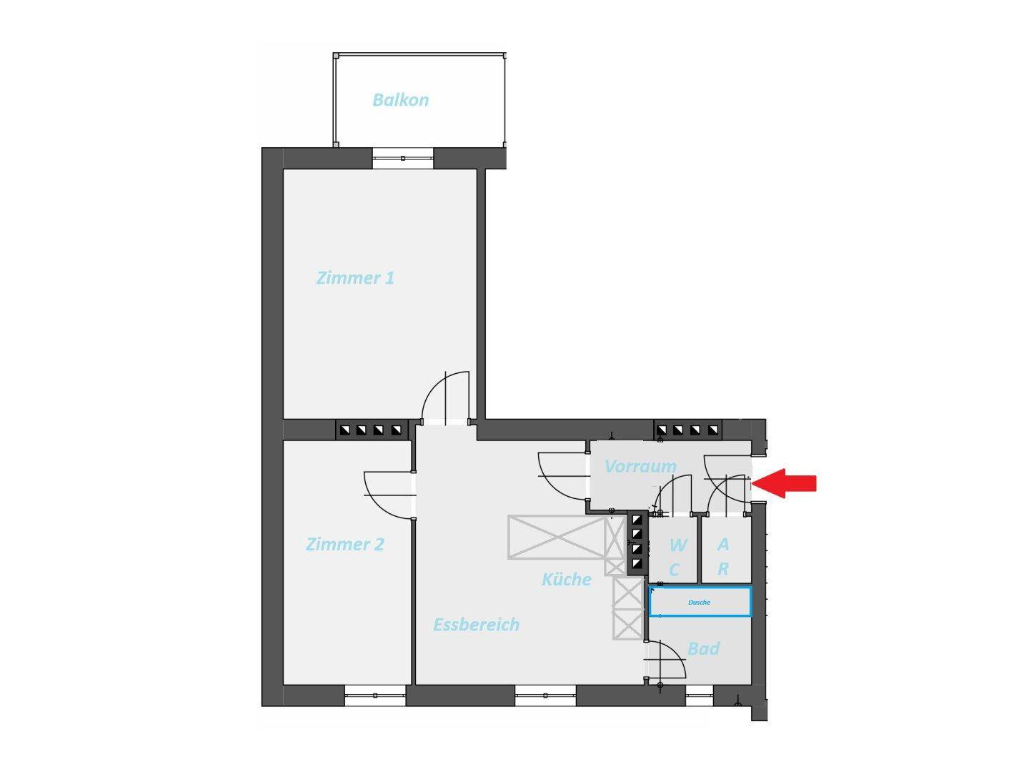 Grundriss der Wohnung mit zwei Zimmern, Essbereich, Küche, Bad, WC und Balkon.