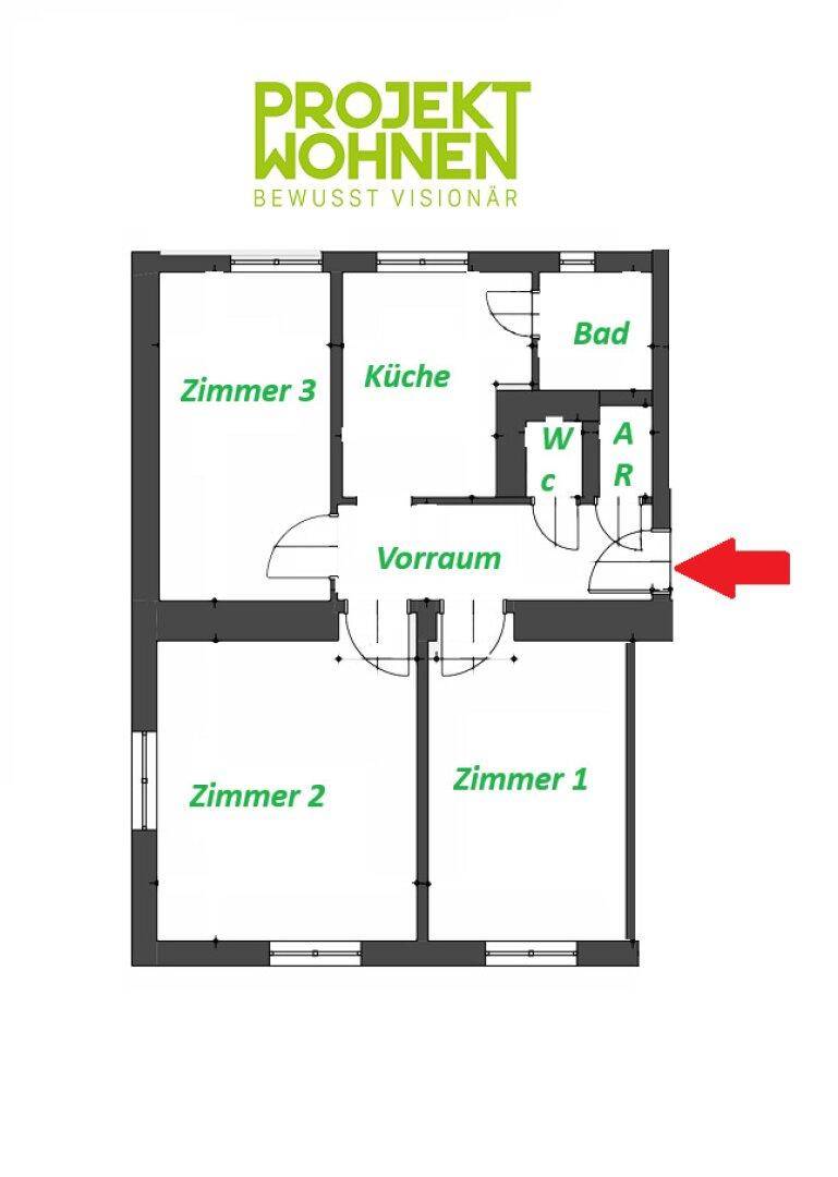 Grundriss der Wohnung mit drei Zimmern, Küche, Bad und separatem WC.