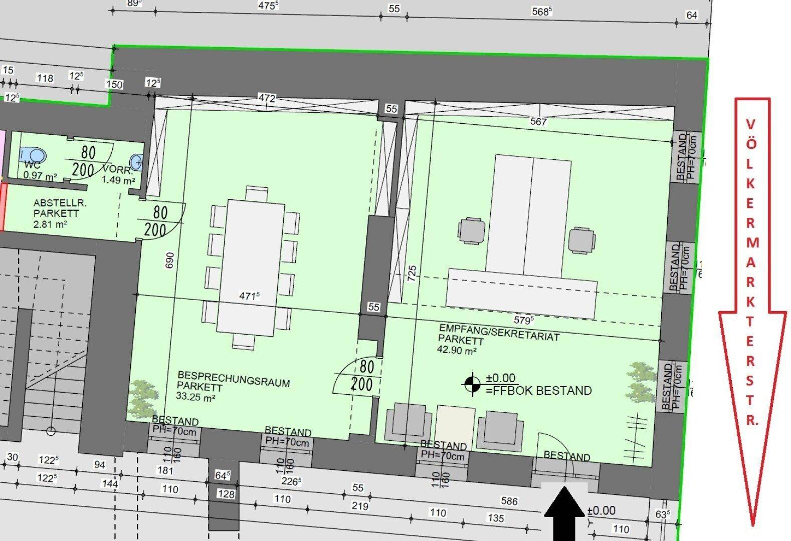 Detaillierter Grundriss mit Besprechungsraum, Empfangsbereich, Abstellraum und WC.