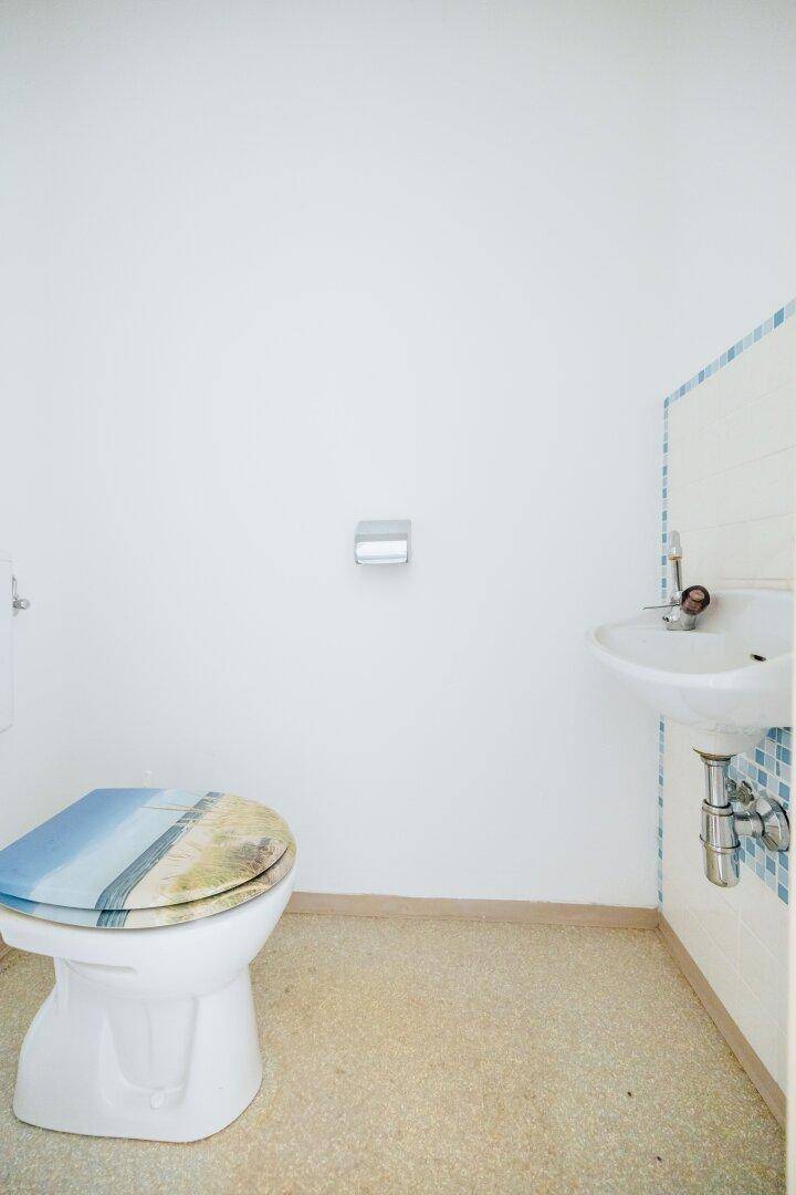 Separate Toilette mit kleinem Waschbecken und farbigem Toilettendeckel.