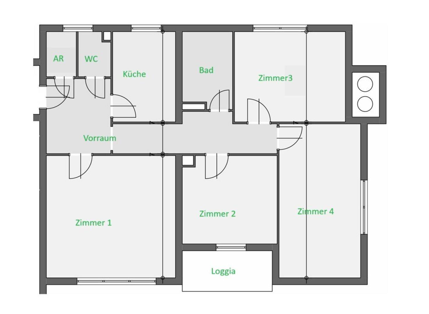 Grundriss der Wohnung mit vier Zimmern, Küche, Bad, WC, Vorraum und einer Loggia.