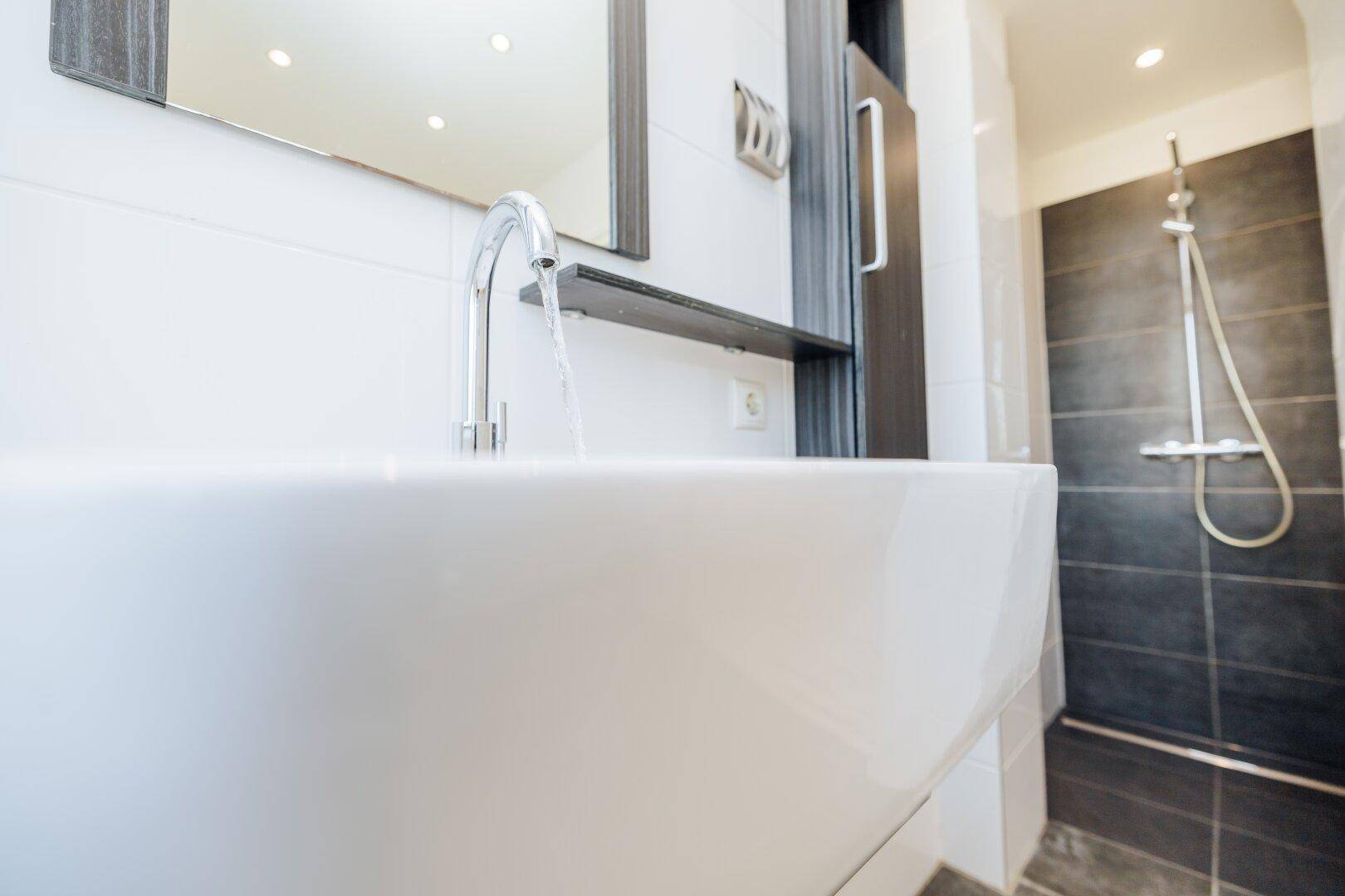 Modernes Badezimmer mit Waschbecken, Spiegelschrank und Duschbereich mit dunklen Fliesen.