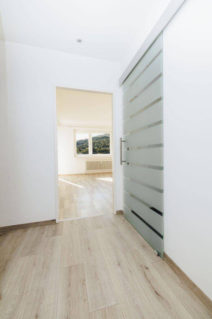 Heller Flur mit Laminatboden und einer modernen Schiebetür aus Milchglas, führt zu weiteren Räumen.