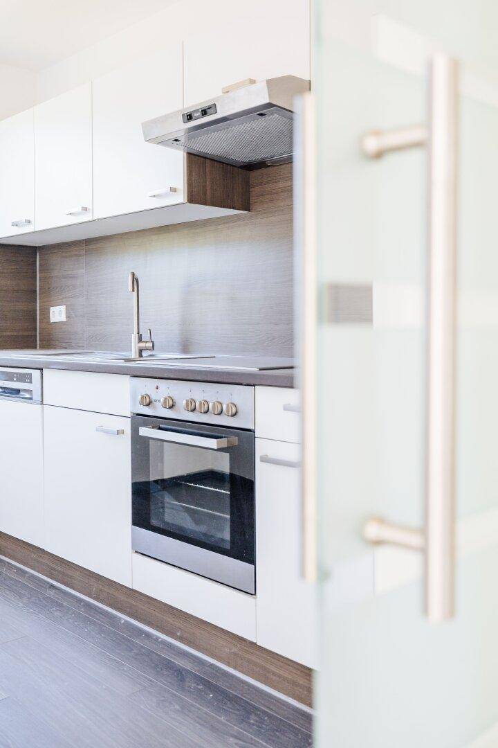 Detailansicht der modernen Küche mit integriertem Backofen, Spülmaschine und Dunstabzugshaube.