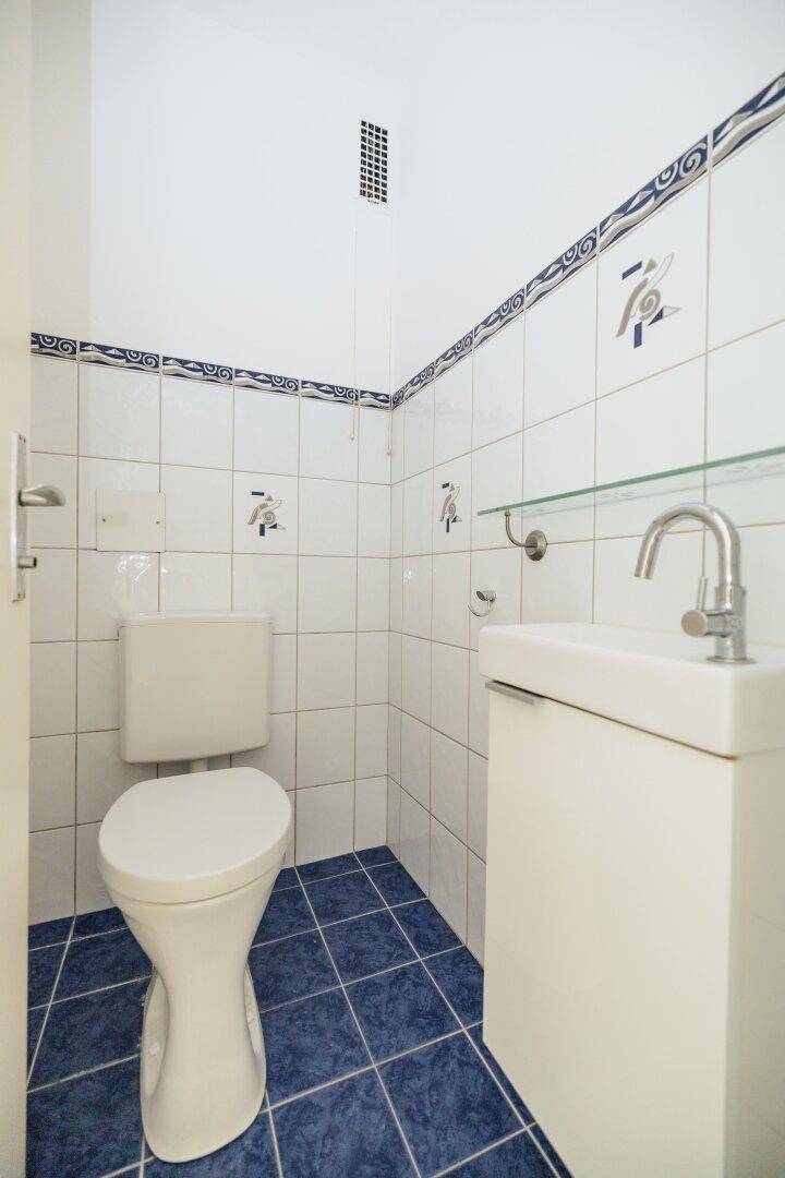 Separates WC mit weiß-blauen Fliesen, Toilette, kleinem Handwaschbecken und Abluftventilator.