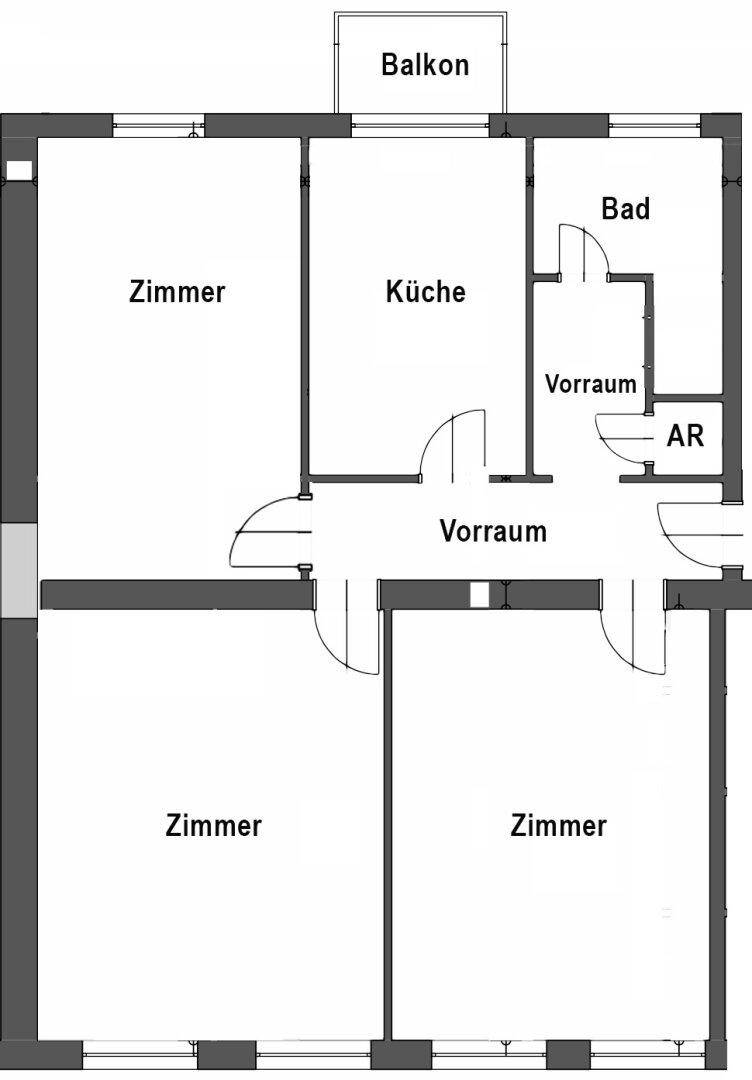 Grundriss einer Wohnung mit mehreren Zimmern, Küche, Bad und Balkon.