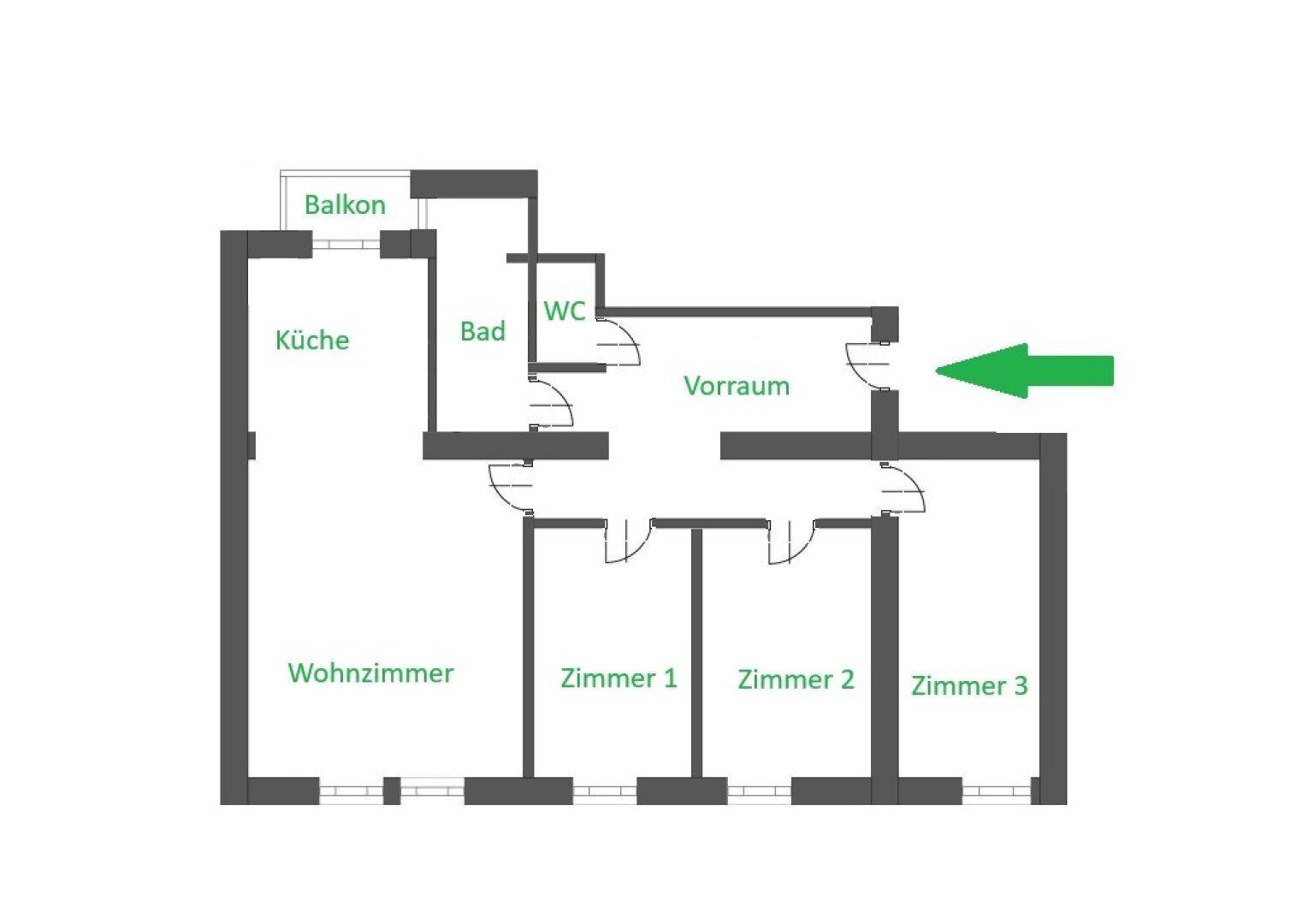 Grundriss einer Wohnung mit Küche, Wohnzimmer, Bad, separatem WC und drei weiteren Zimmern.