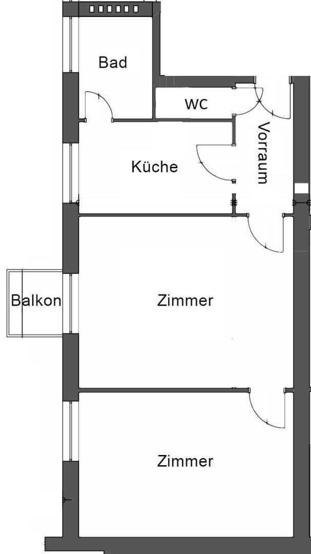 Grundrissplan der Wohnung mit Bad, separatem WC, Küche, zwei Zimmern und Balkon.