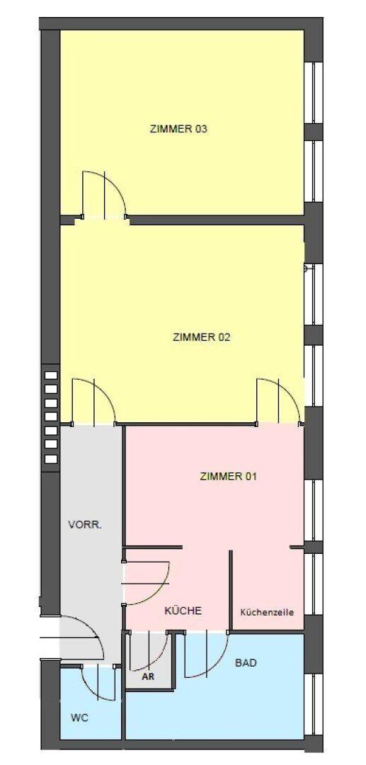 Grundriss einer Wohnung mit drei Zimmern, Küche, Bad und separatem WC.