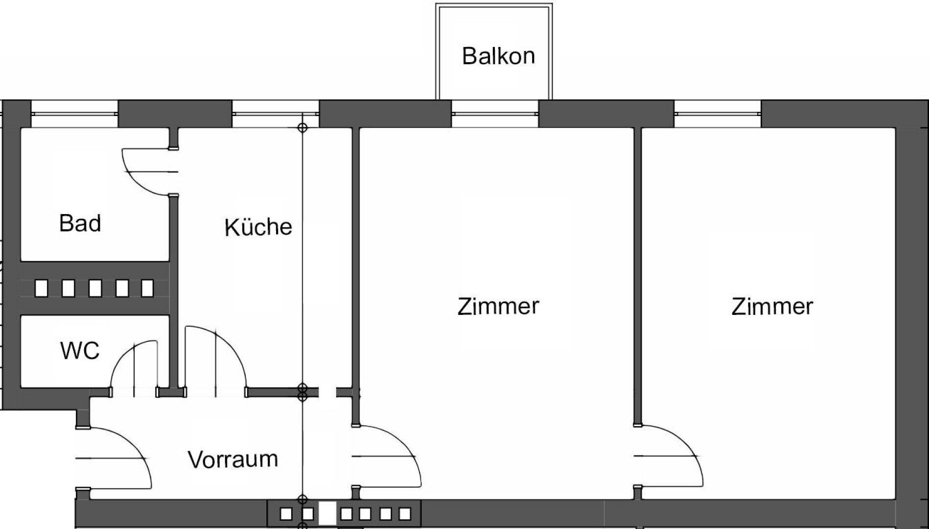Grundriss der Wohnung mit Bad, Küche, WC, Vorraum, zwei Zimmern und einem Balkon.