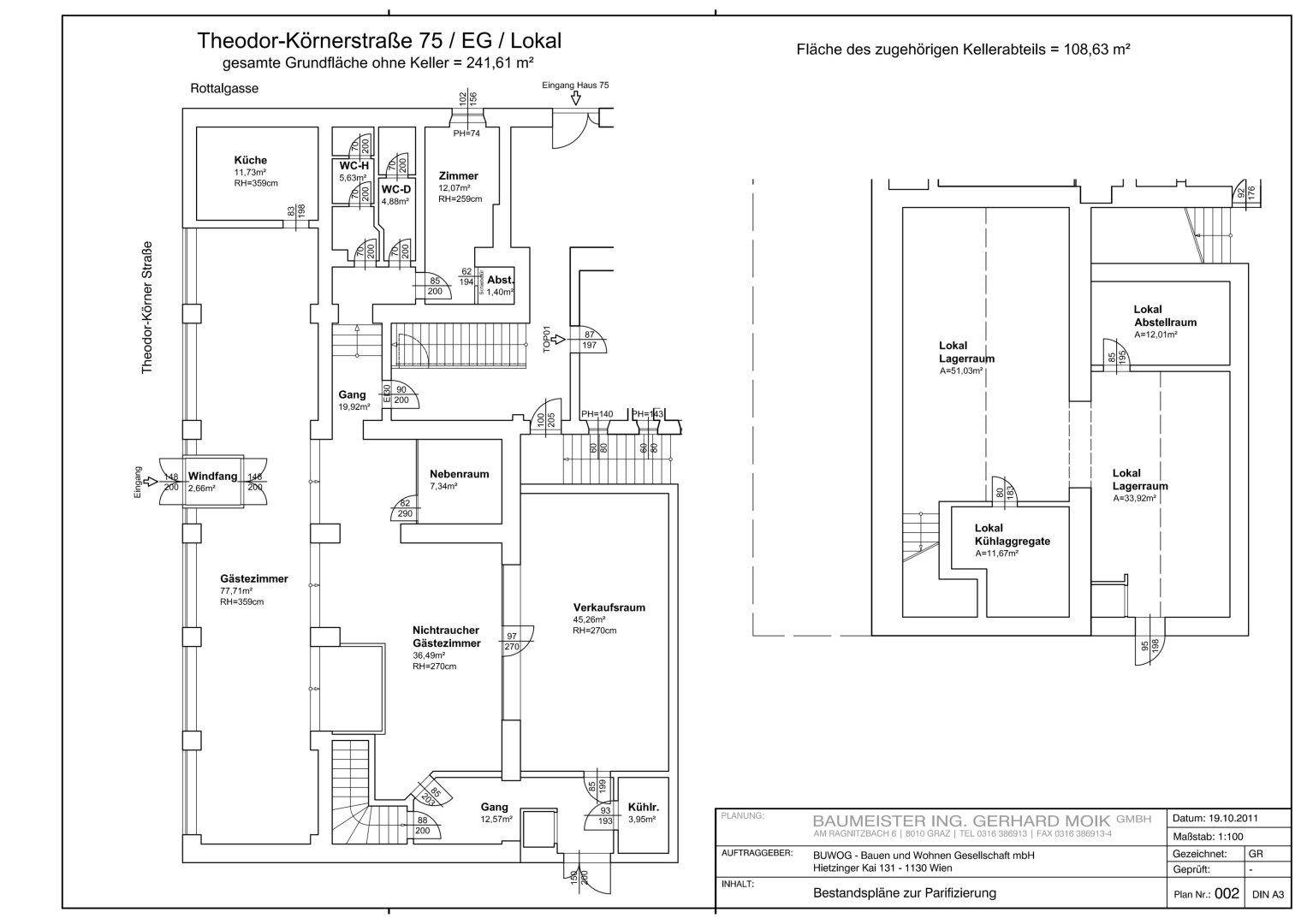 Detaillierter Grundriss eines Lokals mit mehreren Räumen und Lagerflächen im Keller.