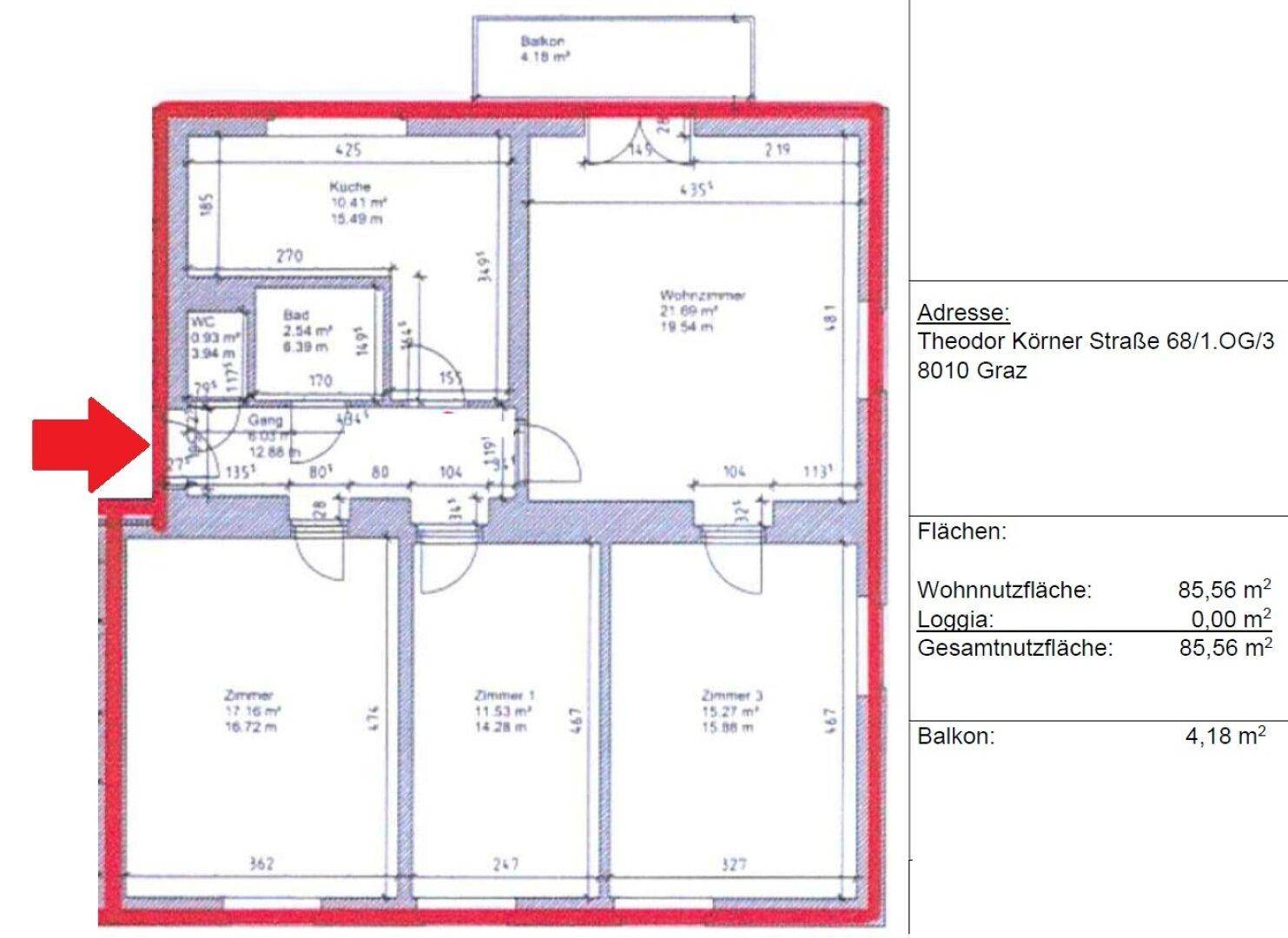 Grundrissplan einer Wohnung mit drei Zimmern, Küche, Bad und Balkon.