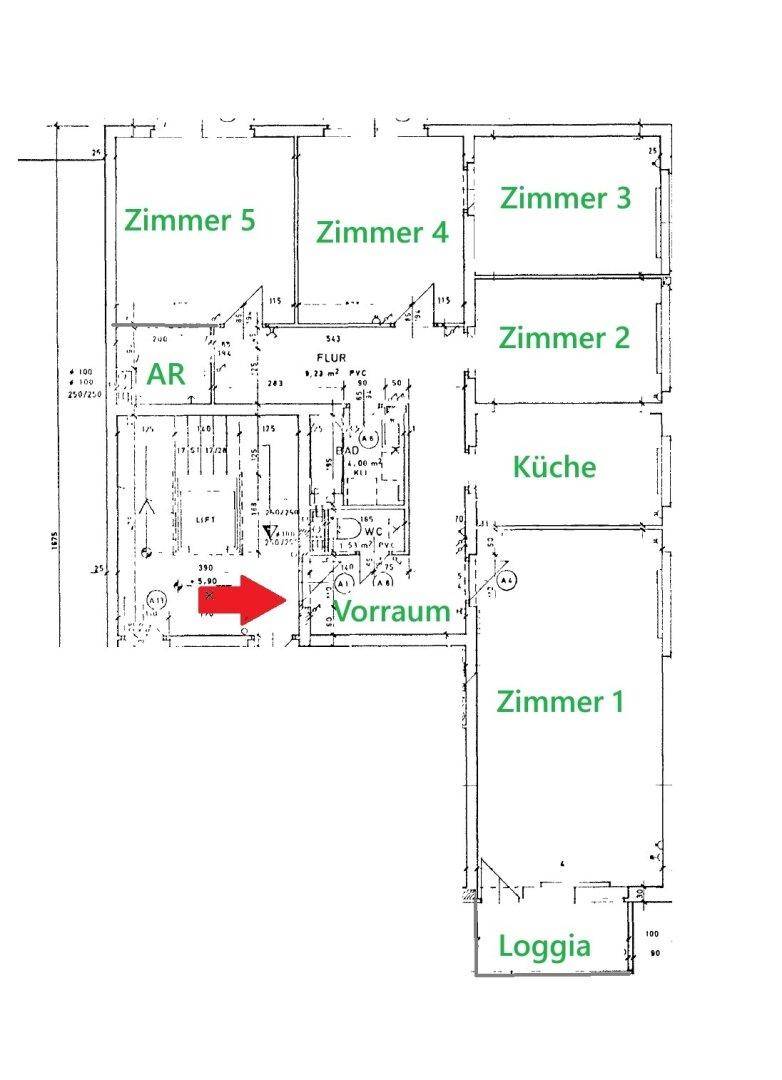 Grundriss der Wohnung mit fünf Zimmern, Küche, WC und Loggia.