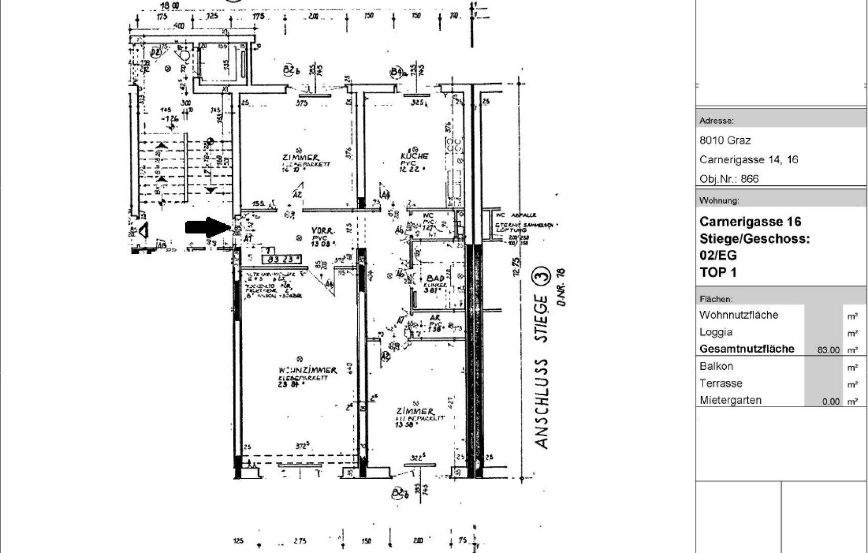 Grundriss der Wohnung mit drei Zimmern, Küche, Bad, separatem WC und Loggia.