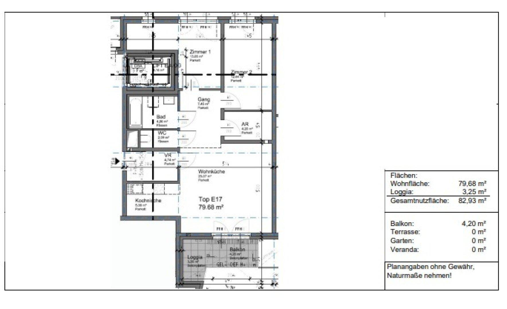 Grundriss der Wohnung Top E17 mit Wohnküche, zwei Zimmern und Balkon.