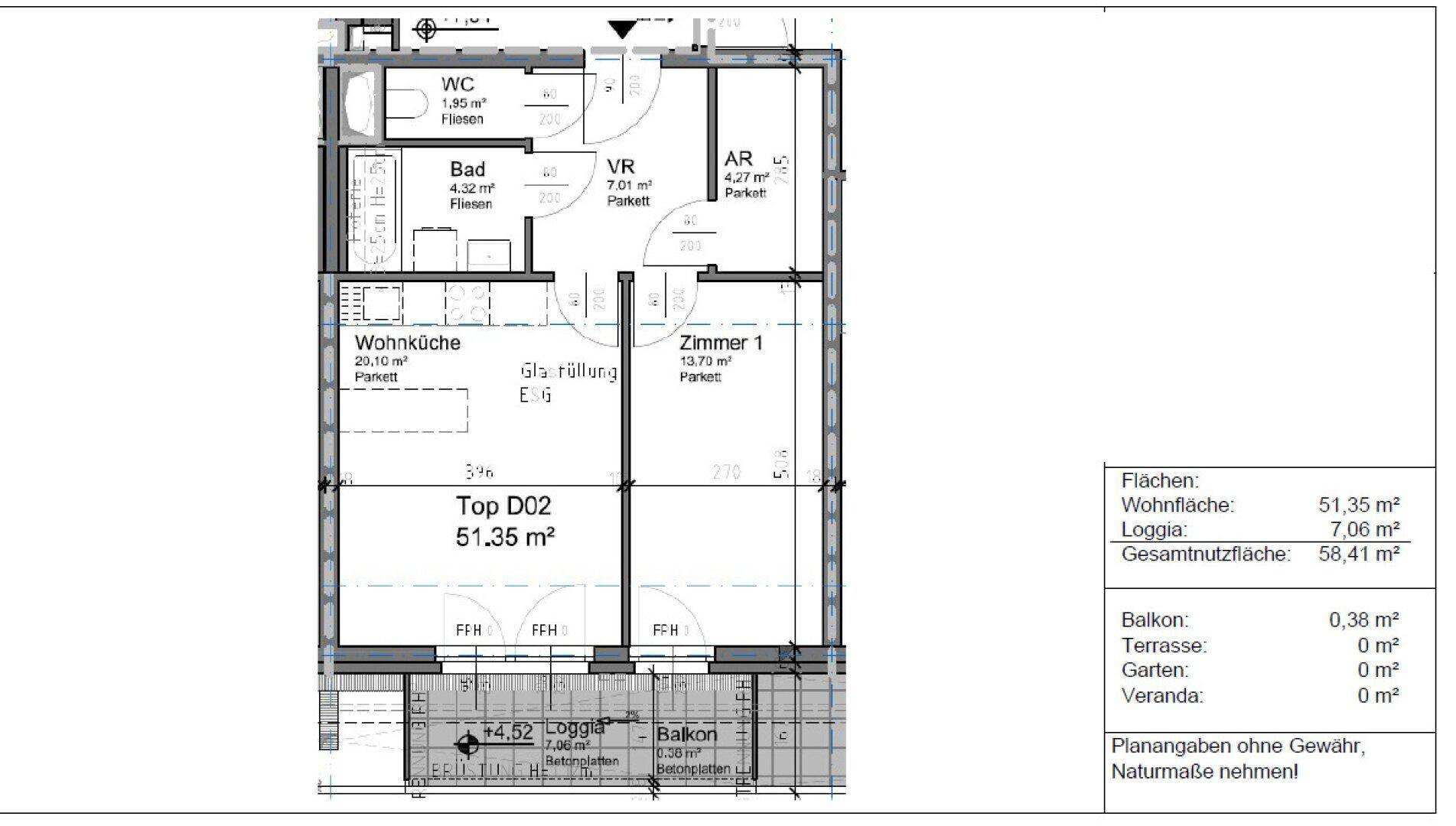 Grundriss der Wohnung Top D02 mit 51,35 m² Wohnfläche, Loggia und Balkon.