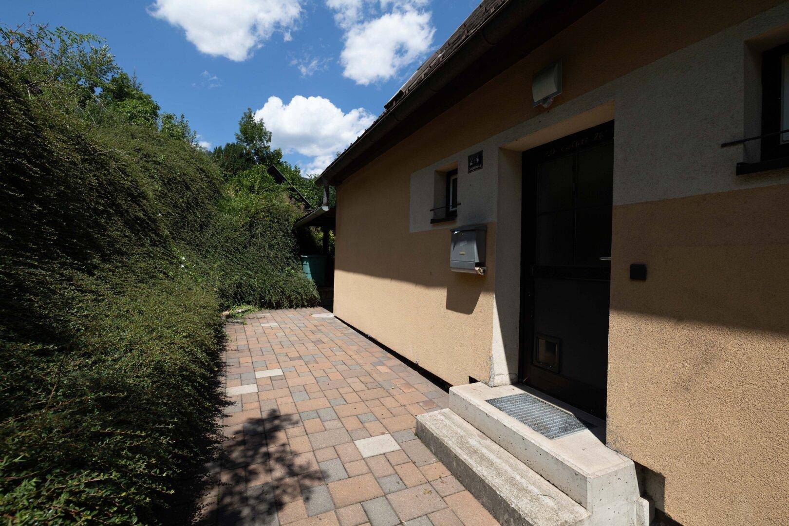 Eingangsbereich des Hauses mit gepflastertem Weg und grüner Hecke.