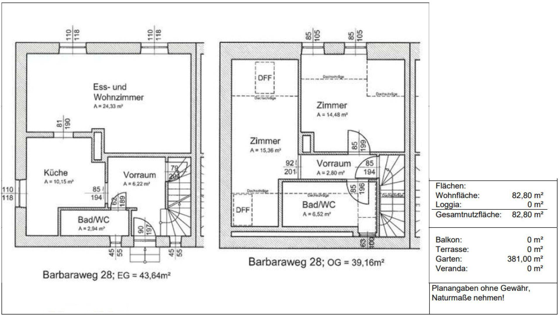 Grundriss des Erdgeschosses und Obergeschosses mit Ess- und Wohnzimmer, Küche und Bädern.